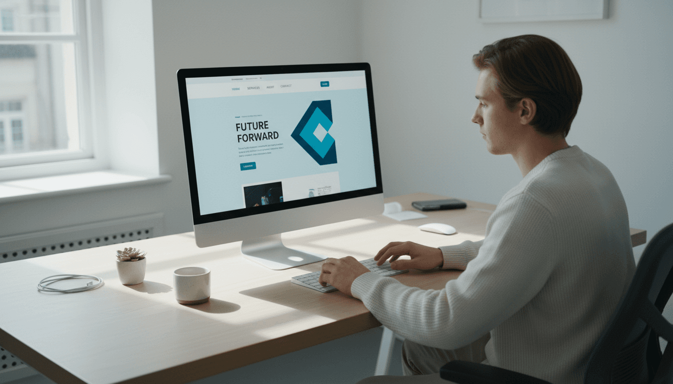 Web designer working on a modern website design at a clean desktop workspace