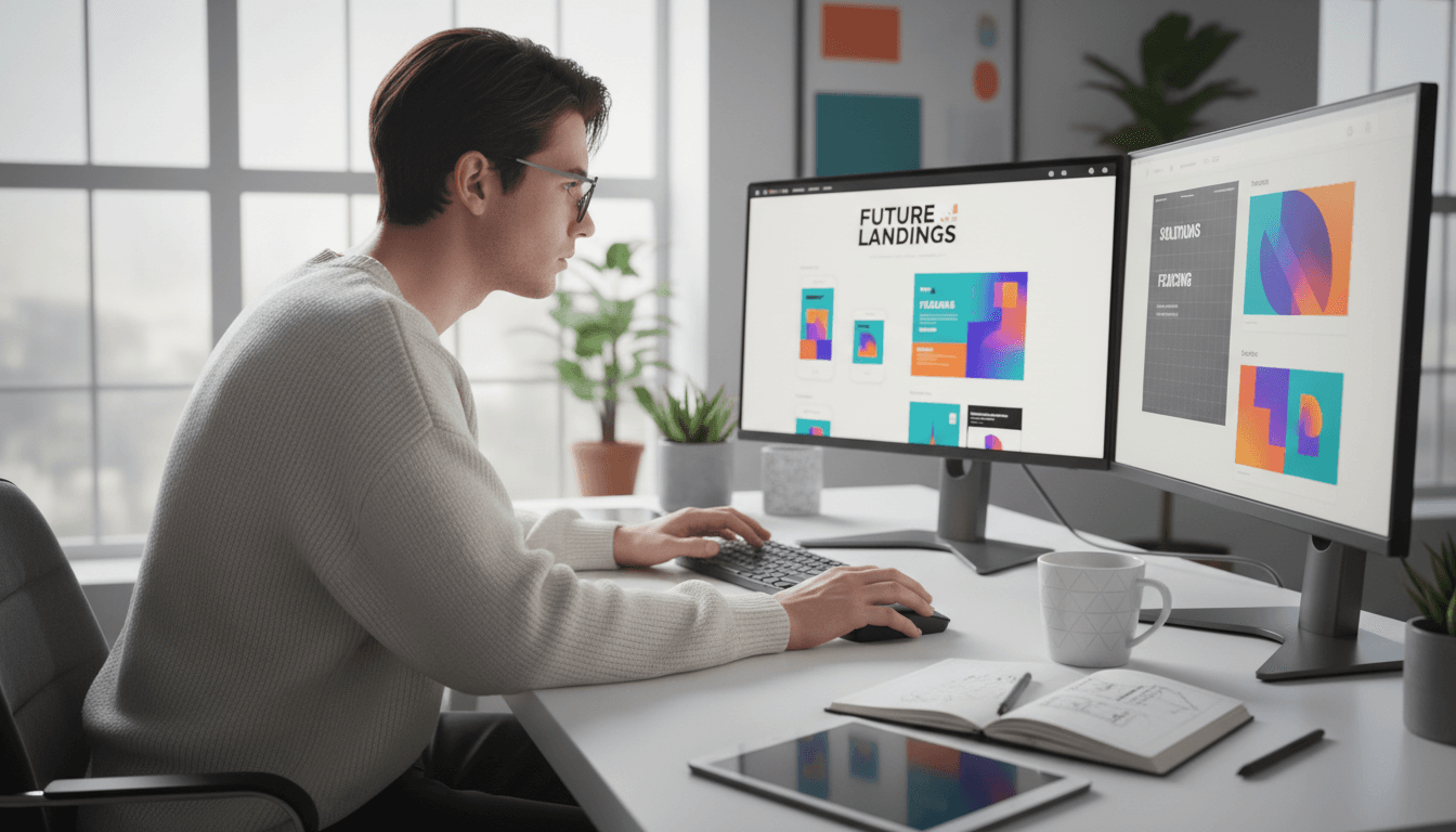 Web designer working on responsive website layouts at dual monitors